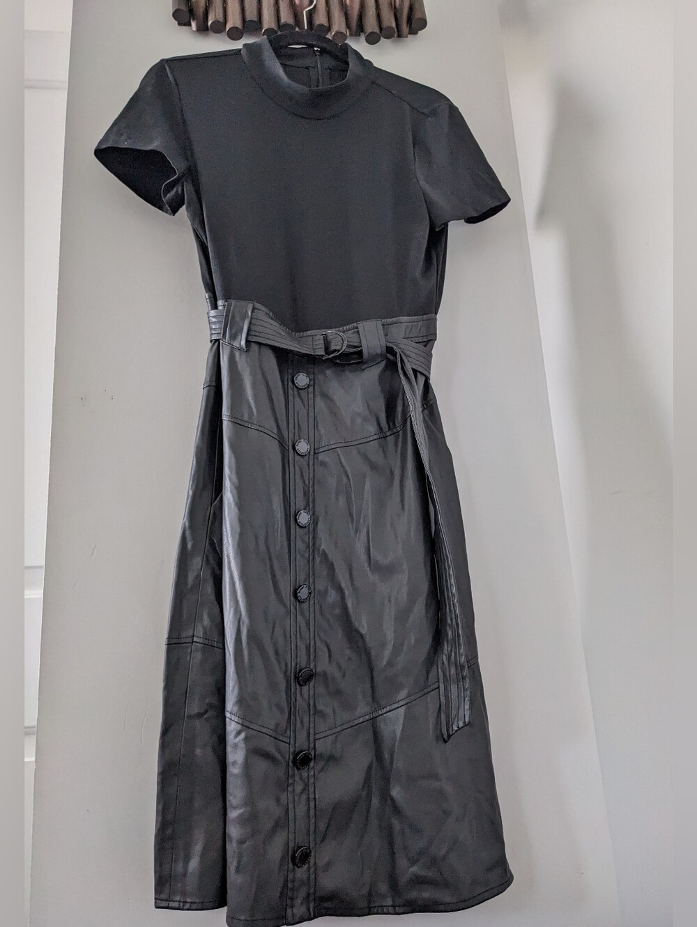 Karl Lagerfeld Women's Black Faux Leather Midi Dress with Belt - Size US 8 -NWOT